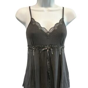 Vintage Womens Y2K Fairy Babydoll Tank Top M Black Embellished Lace Trim Gothic